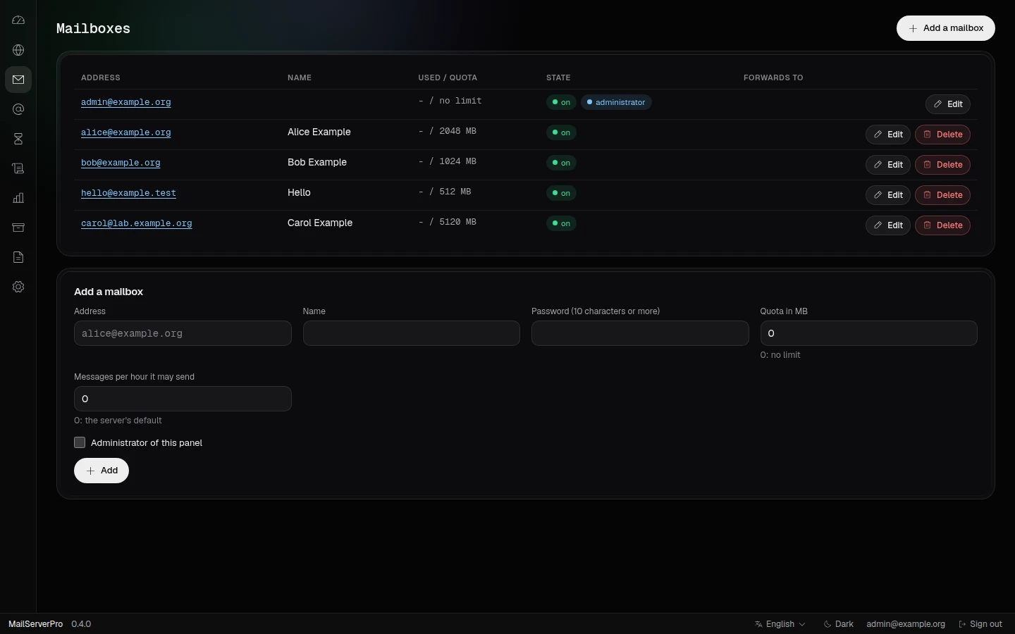 MailServerPro: Mailboxes