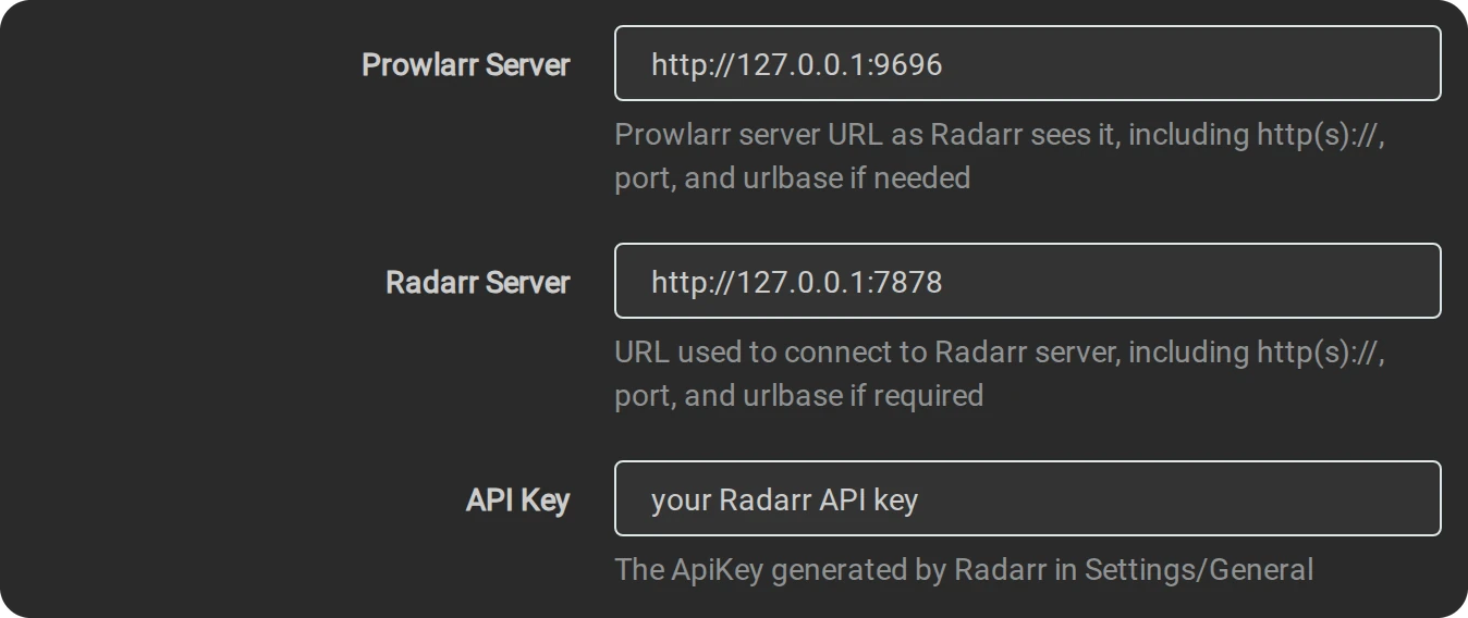 Prowlarr Server http://127.0.0.1:9696, Radarr Server http://127.0.0.1:7878, API Key