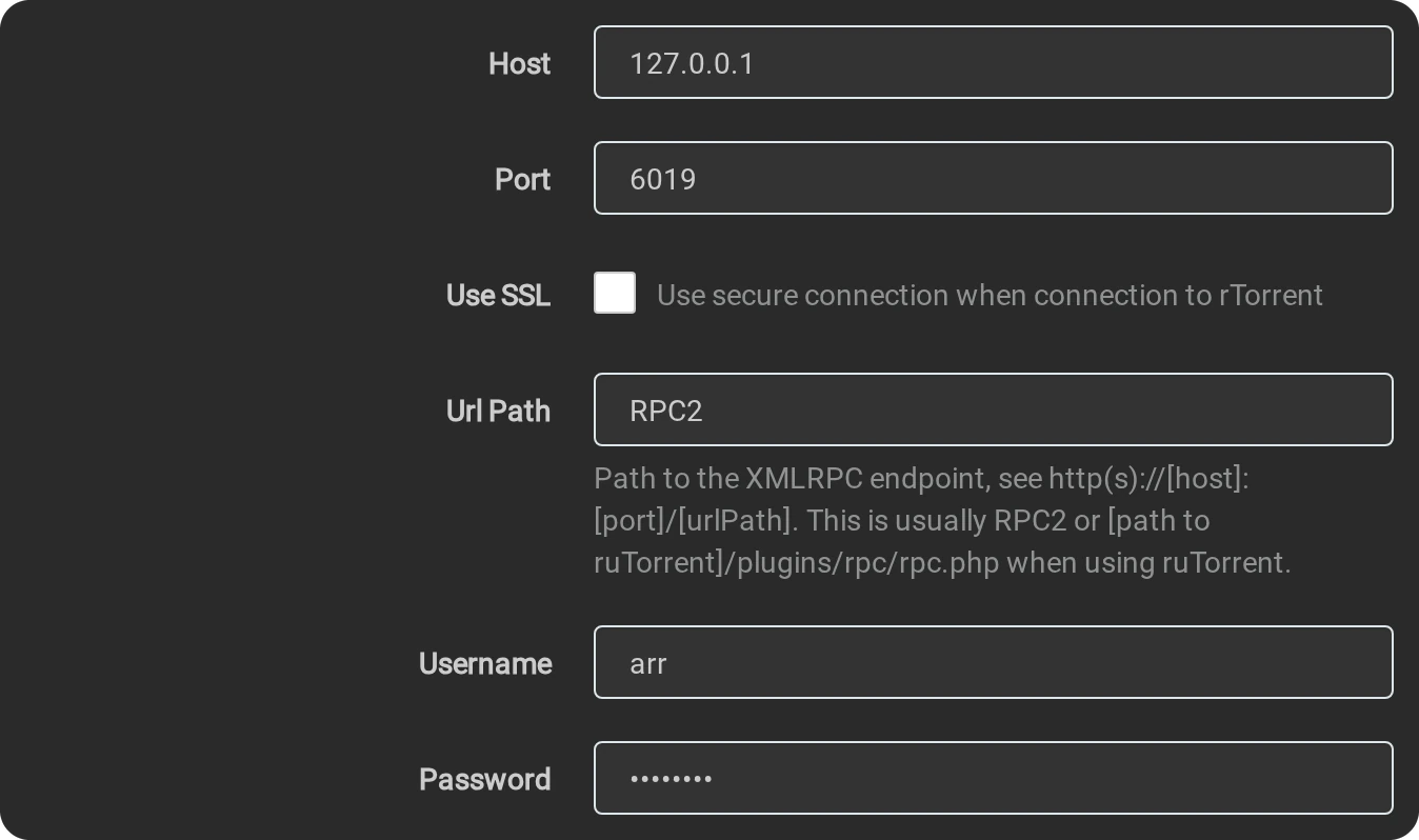 Host 127.0.0.1, Port 6019, Use SSL off, Url Path RPC2, Username arr and its password