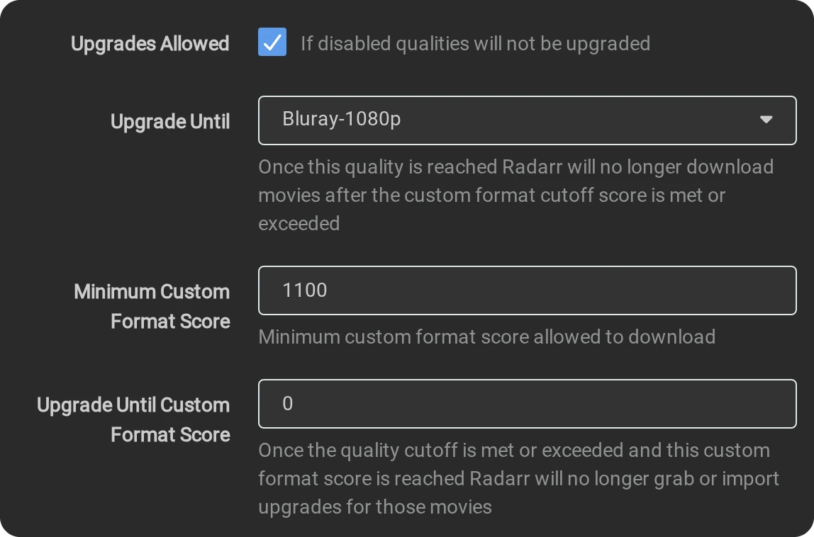 Upgrades Allowed ticked, Upgrade Until Bluray-1080p, Minimum Custom Format Score 1100, Upgrade Until Custom Format Score 0