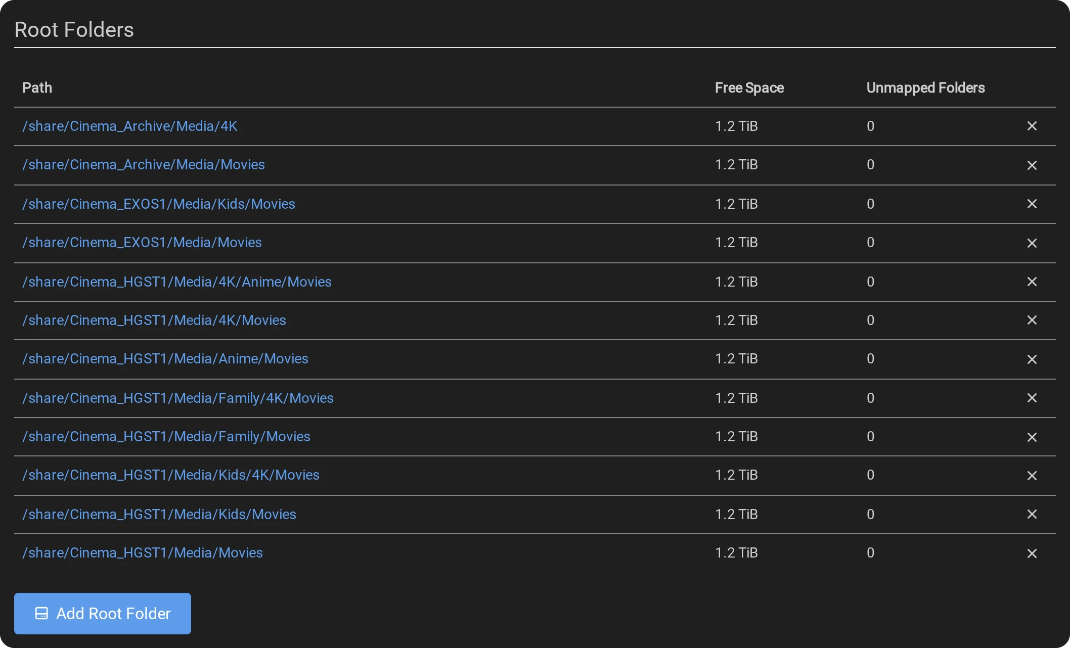 Root Folders: the Movies folders of five shares, and the Add Root Folder button