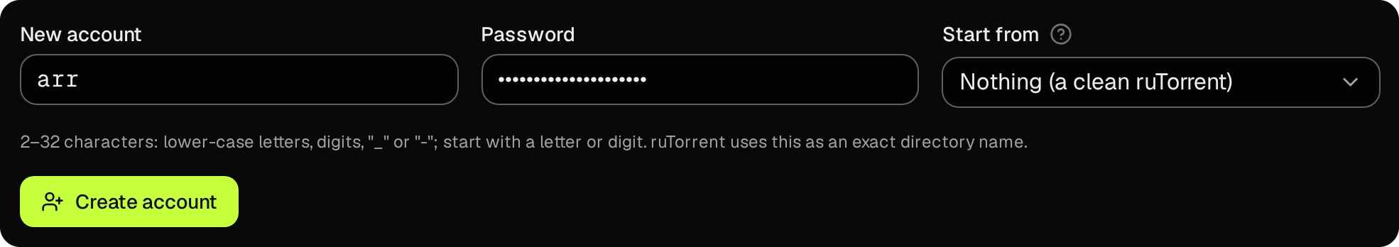 The Security page: New account arr, a password, Start from Nothing, and the Create account button