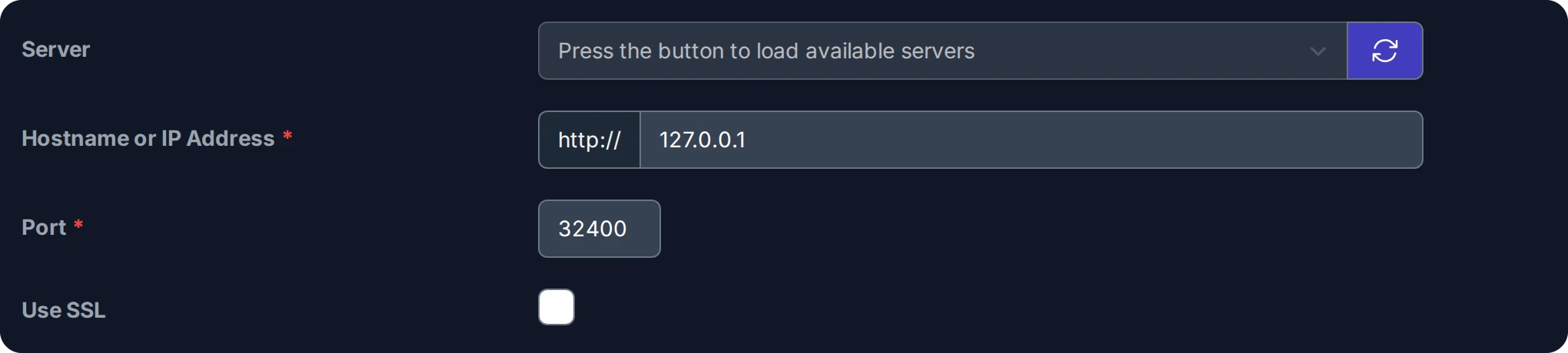 Plex Settings: Server, Hostname or IP Address 127.0.0.1, Port 32400, Use SSL