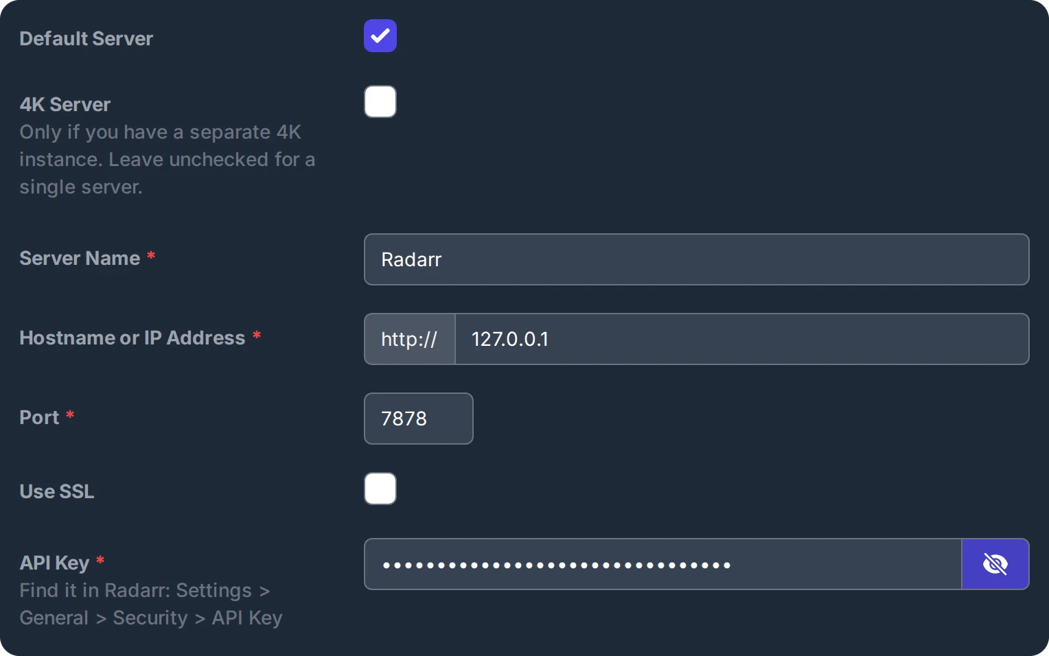 Default Server ticked, Server Name Radarr, Hostname or IP Address 127.0.0.1, Port 7878, API Key