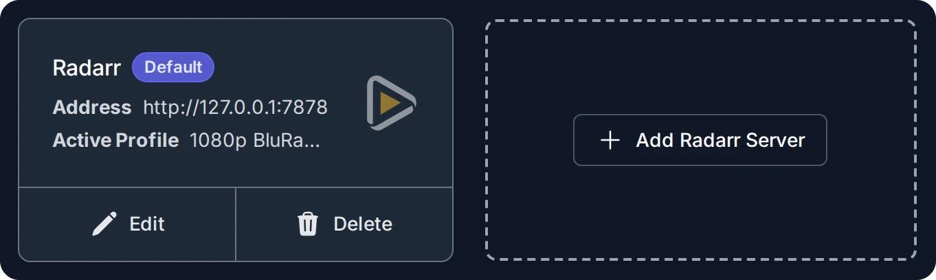 The Radarr server and the Add Radarr Server button
