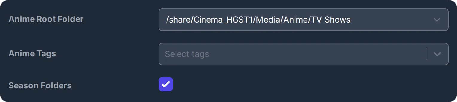 Anime Root Folder of the anime series, Season Folders ticked