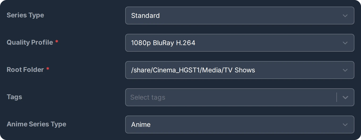 Series Type Standard, Quality Profile 1080p BluRay H.264, Root Folder of TV Shows, Anime Series Type Anime