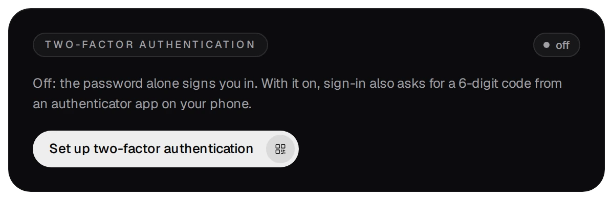 The Two-factor authentication card: off, and the Set up two-factor authentication button