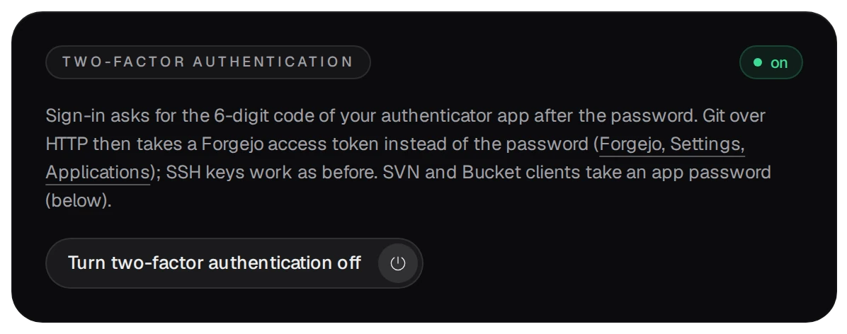 The Two-factor authentication card: on, with what changes for git, SVN and Bucket, and the Turn two-factor authentication off button