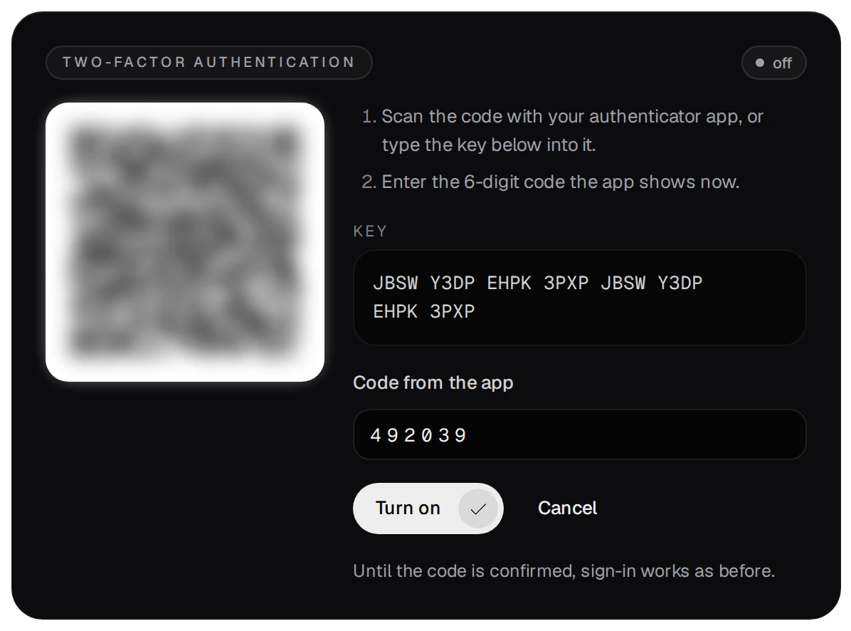 Setting up two-factor authentication: the QR code (blurred here), the key (a sample), Code from the app, and the Turn on and Cancel buttons