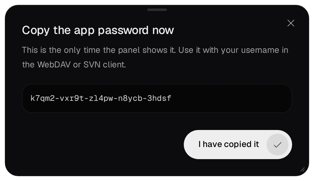 Copy the app password now: the app password (a sample) and I have copied it