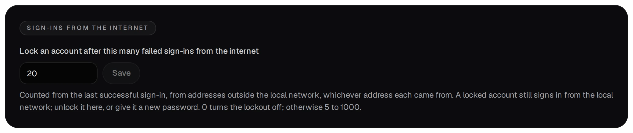 Sign-ins from the internet: Lock an account after this many failed sign-ins from the internet, 20, and Save