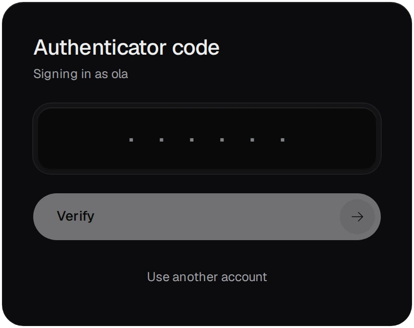 The sign-in's second step: Authenticator code, signing in as ola, the code field and Verify