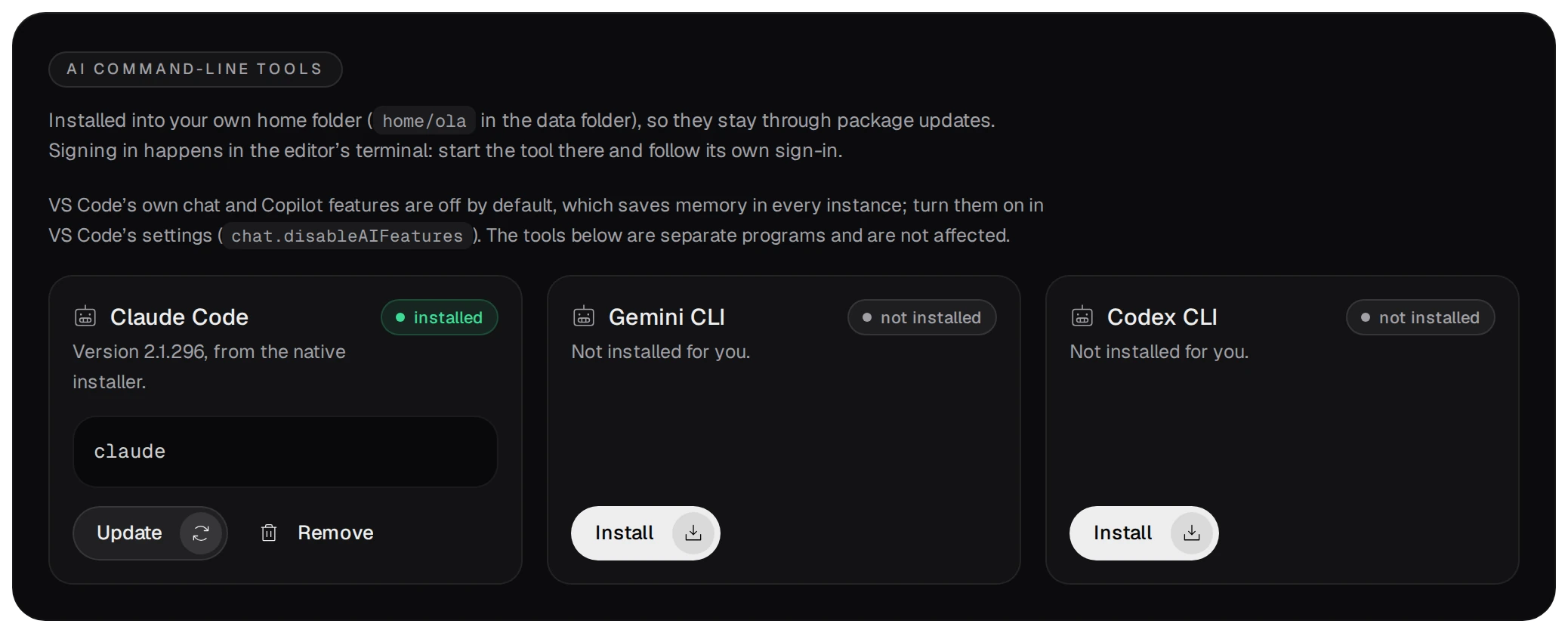 Claude Code installed: version 2.1.294 from the native installer, its command claude, and the buttons Update and Remove; Gemini CLI and Codex CLI not installed