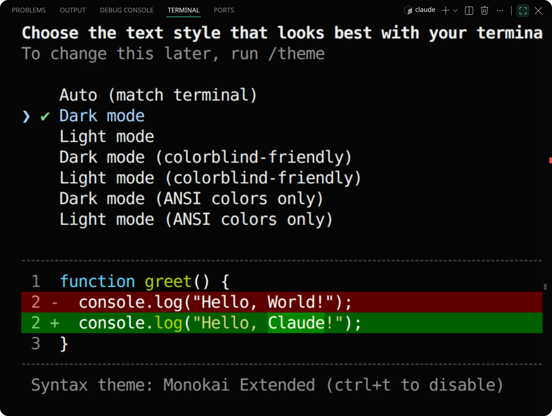 The editor's terminal with Claude Code's first screen: choose the text style that looks best with your terminal, Dark mode chosen, and a sample diff