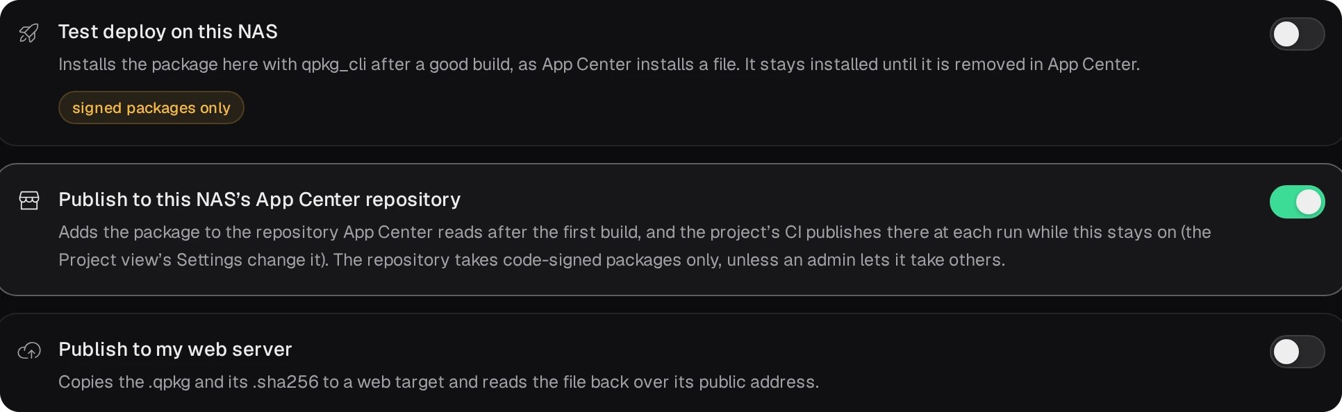 Publish: Test deploy on this NAS off, signed packages only; Publish to this NAS's App Center repository on; Publish to my web server off