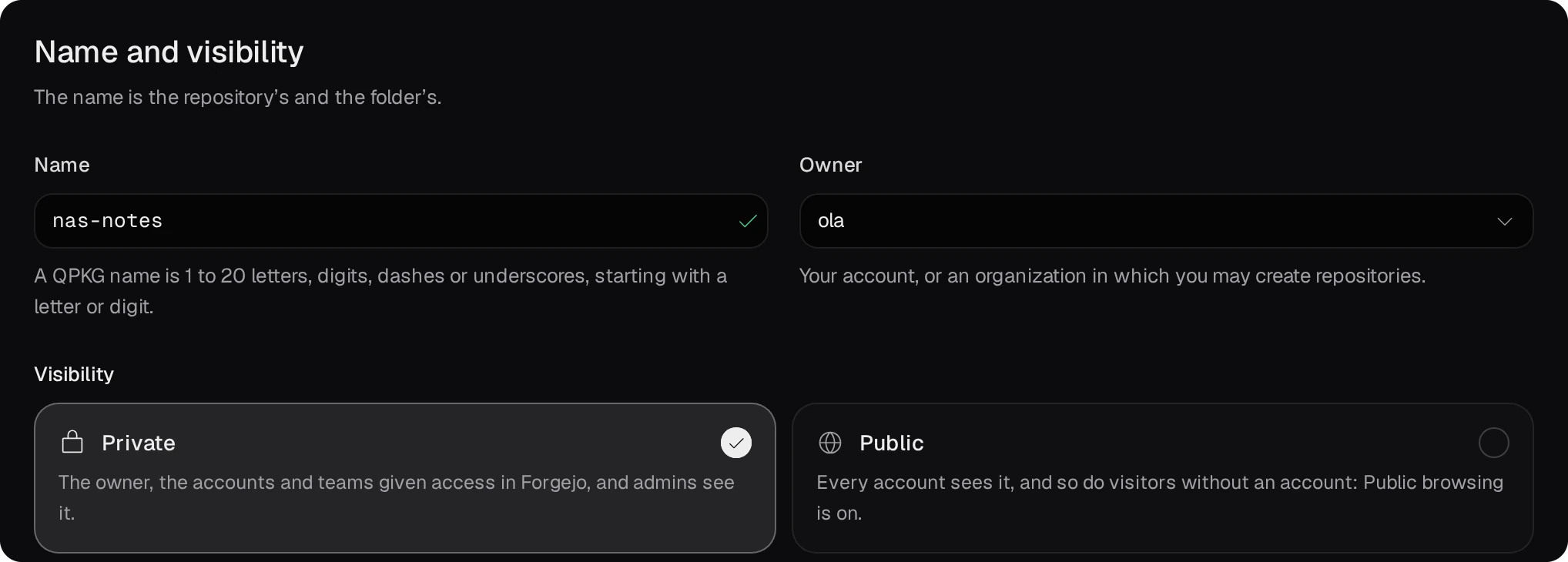 Name nas-notes, Owner ola, Visibility Private