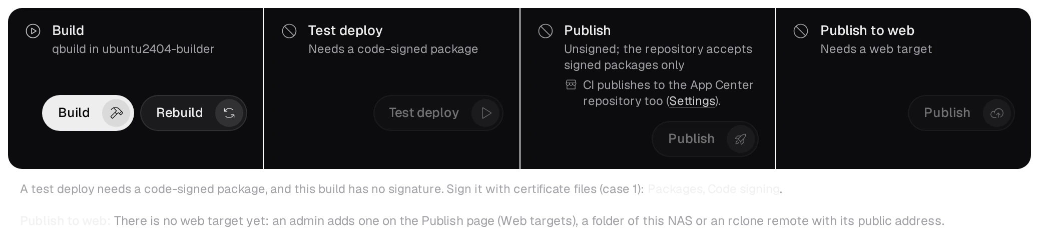 The Pipeline of a QPKG project: Build in ubuntu2404-builder with Build and Rebuild; Test deploy needs a code-signed package; Publish says the build is unsigned and the repository accepts signed packages only, and that CI publishes to the App Center repository too; Publish to web cannot run here