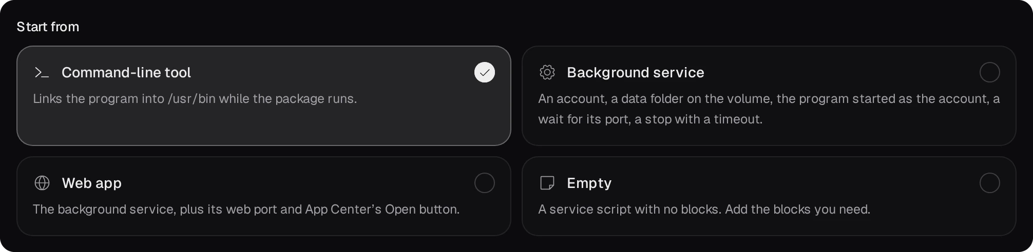 Start from: Command-line tool chosen; Background service, Web app and Empty