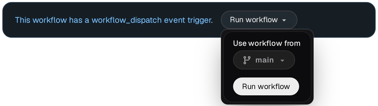 This workflow has a workflow_dispatch event trigger, with the Run workflow button and its branch main