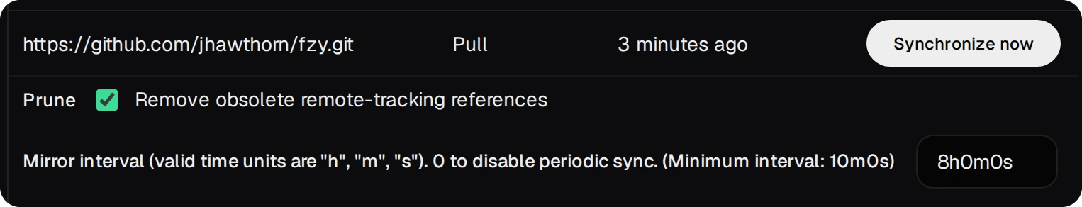 The mirror settings: the address, Pull, Synchronize now, Prune ticked, and Mirror interval 8h0m0s