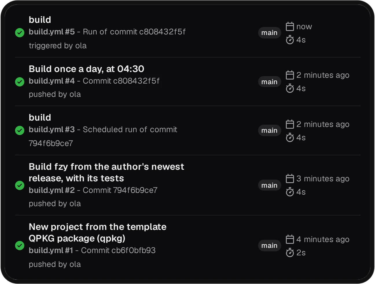 The runs of build.yml: a run started by hand, two pushes, a scheduled run and the first push, each with a green tick