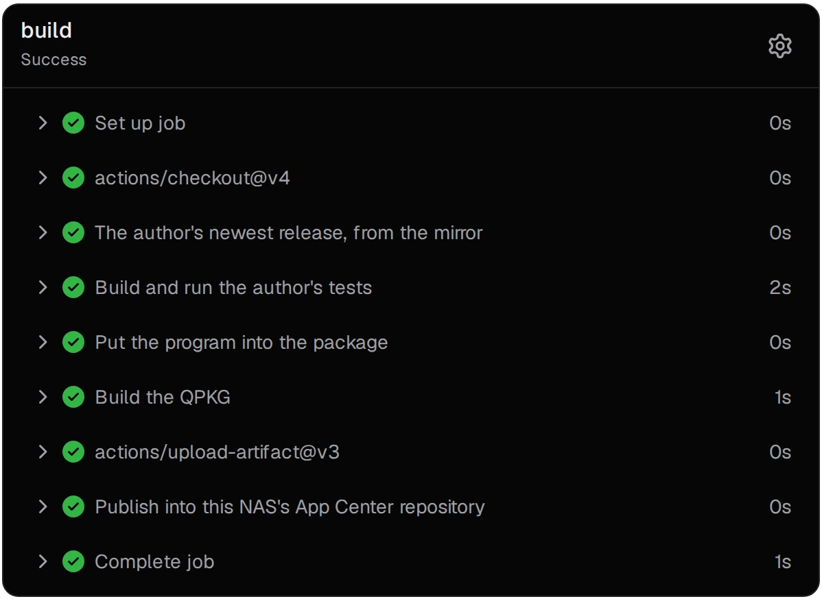 The build job: Set up job, actions/checkout, the newest release from the mirror, build and tests, the program into the package, Build the QPKG, upload-artifact and publish, all green