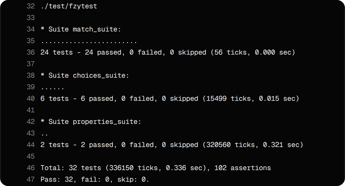 fzy's tests in the log: match_suite 24, choices_suite 6 and properties_suite 2 passed, 32 tests in all, 0 failed