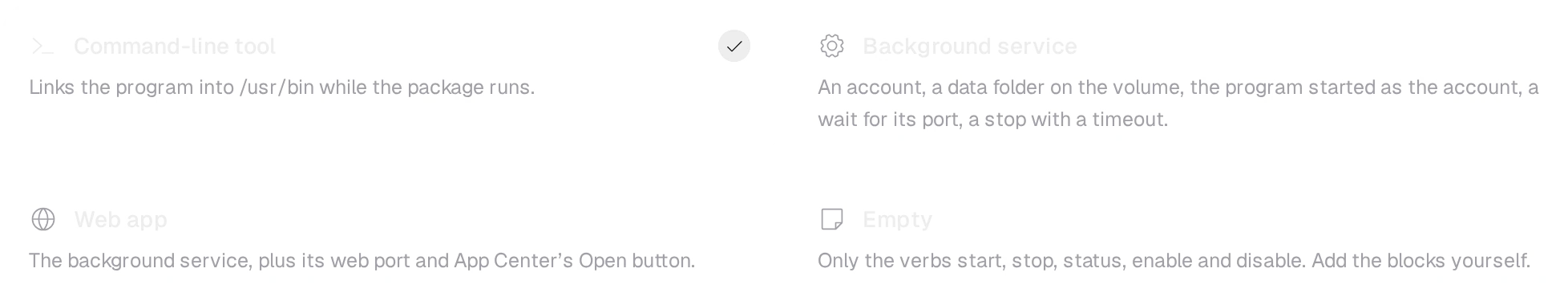 The Service presets: Command-line tool chosen, Background service, Web app and Empty