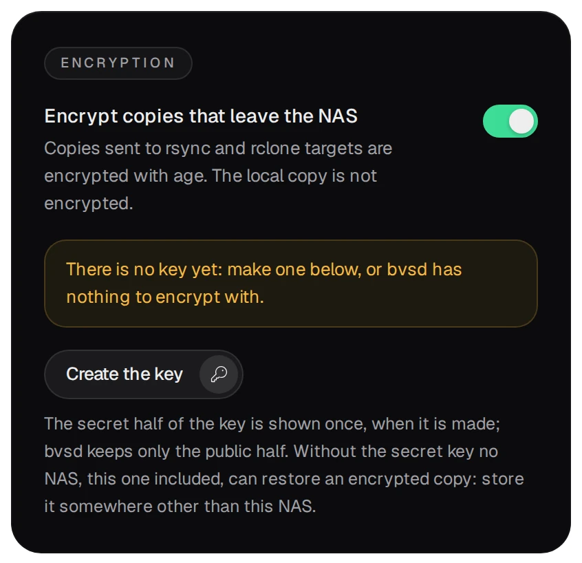 Encryption: Encrypt copies that leave the NAS turned on, the warning that there is no key yet, and the Create the key button