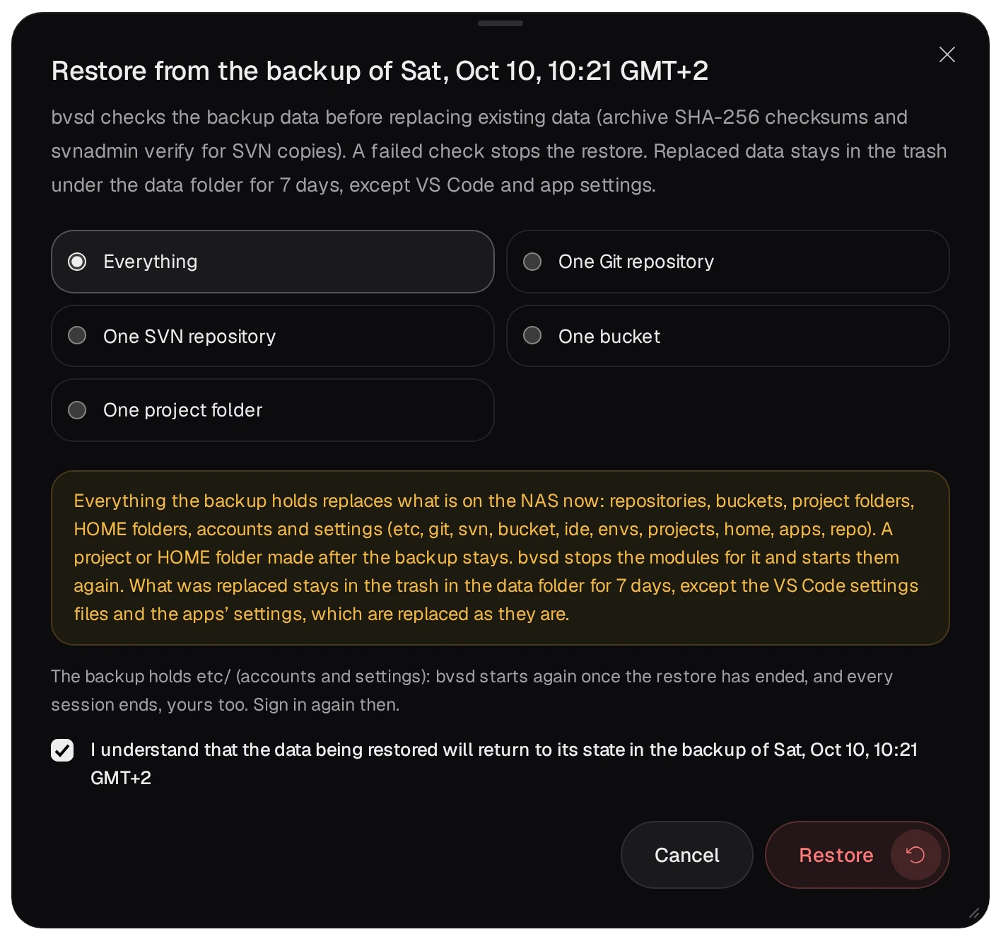 Restore from the backup: Everything chosen, the warning about what it replaces, I understand that the data being restored will return to its state in the backup of … ticked, and the Restore button