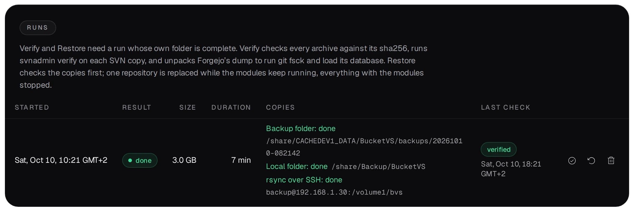 Runs: a run of 3.0 GB, done, copied to the backup folder, a local folder and an rsync target, last check verified, with its Verify, Restore and Delete buttons