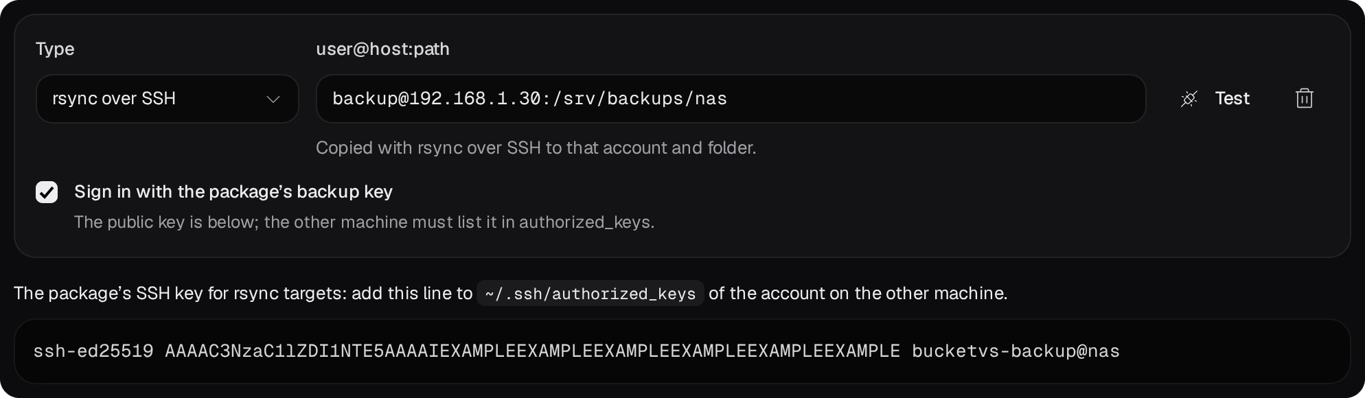 A target: Type rsync over SSH, backup@192.168.1.30:/srv/backups/nas, Sign in with the package's backup key ticked, and the package's public SSH key to add to ~/.ssh/authorized_keys