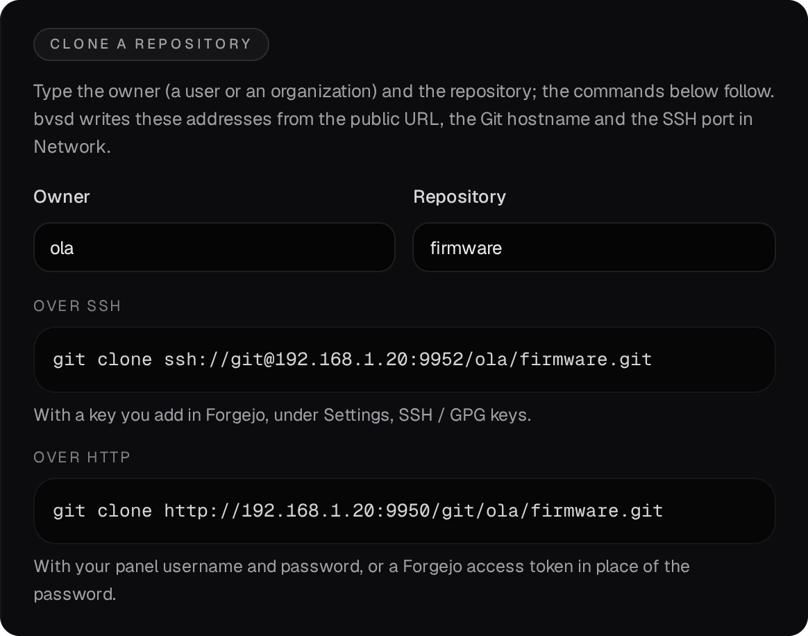Clone a repository: Owner ola, Repository firmware, git clone ssh://git@192.168.1.20:9952/ola/firmware.git and git clone http://192.168.1.20:9950/git/ola/firmware.git