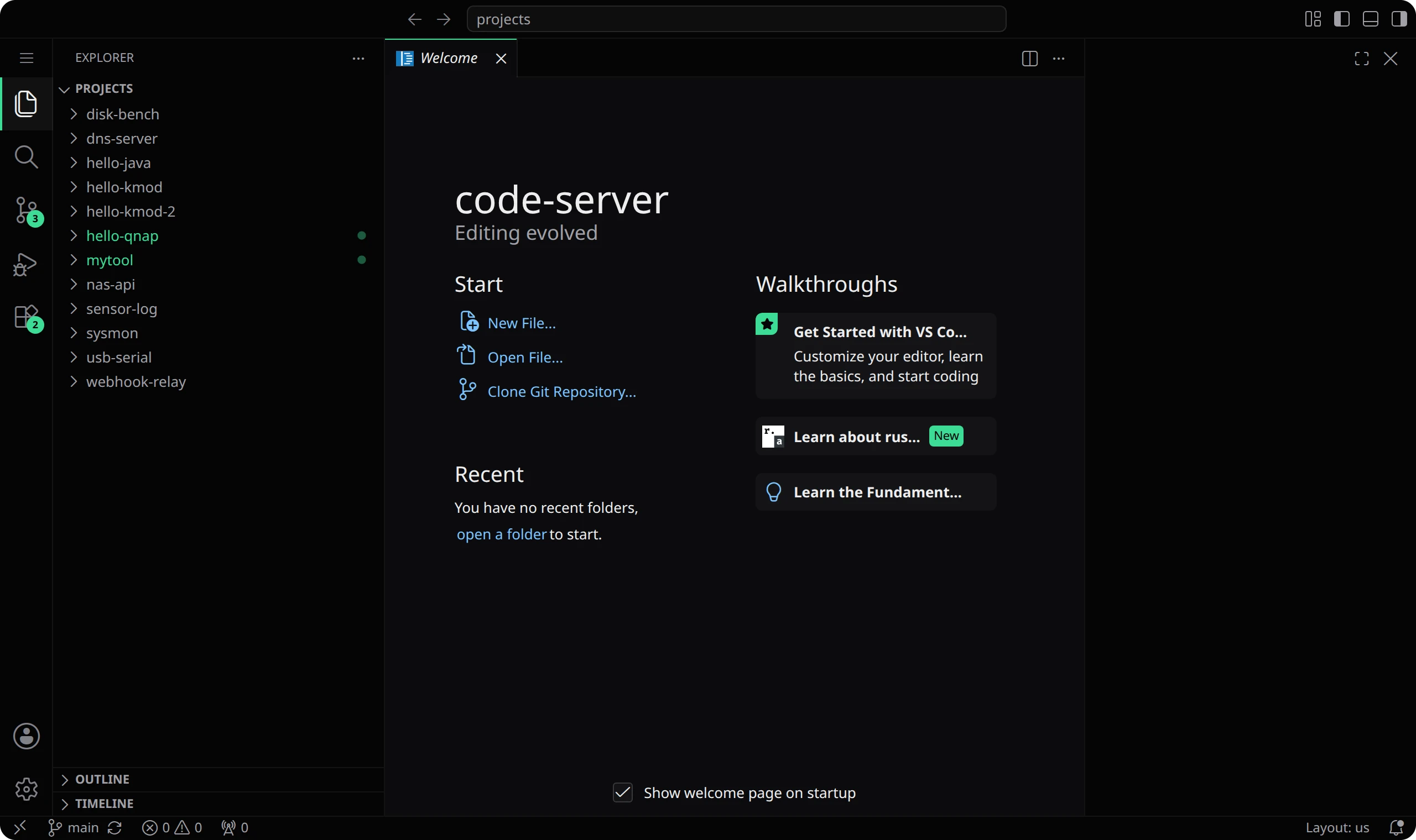 VS Code in the browser: the Explorer on the projects folder and the code-server welcome page
