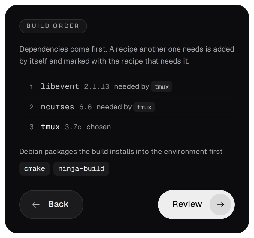Build order: libevent and ncurses needed by tmux, then tmux; the Debian packages cmake and ninja-build; the Back and Review buttons