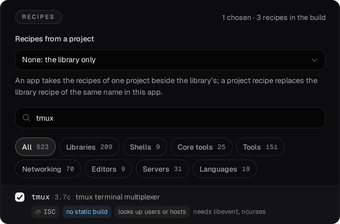 Recipes: Recipes from a project set to None: the library only, the search tmux, tmux 3.7c ticked, 1 chosen and 3 recipes in the build