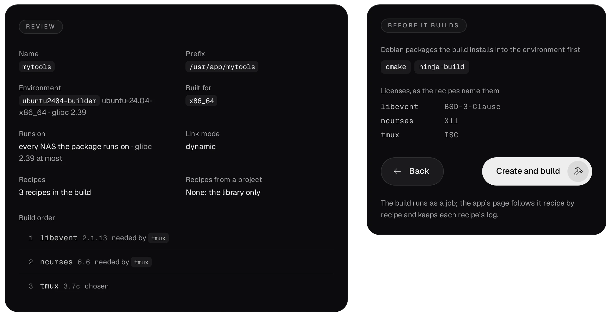Review: Name mytools, Prefix /usr/app/mytools, Environment ubuntu2404-builder, Built for x86_64, Runs on every NAS the package runs on, Link mode dynamic, 3 recipes; Before it builds: the Debian packages, the licenses, and the Create and build button