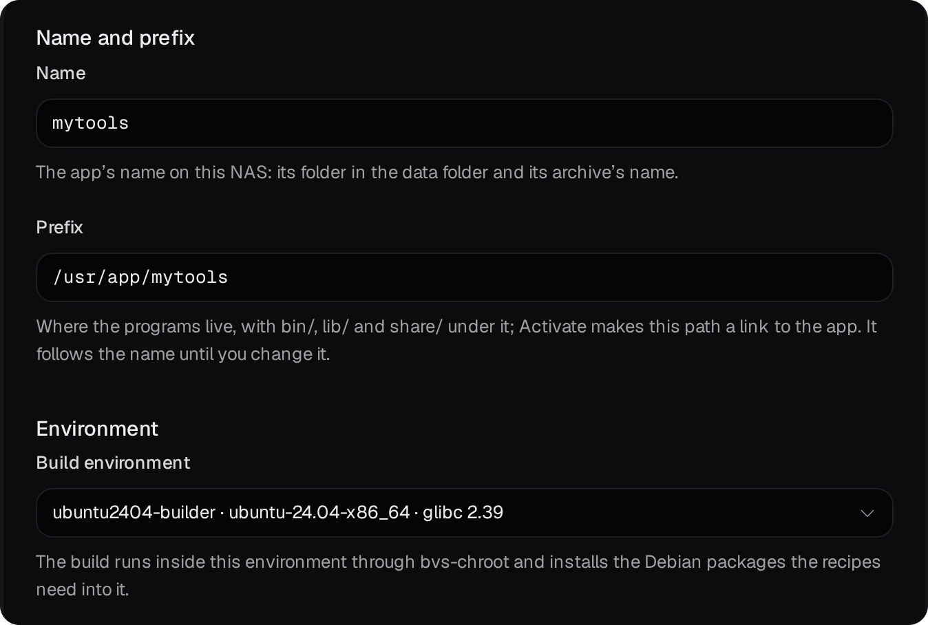 Name and prefix: Name mytools, Prefix /usr/app/mytools; Environment: Build environment ubuntu2404-builder, ubuntu-24.04-x86_64, glibc 2.39