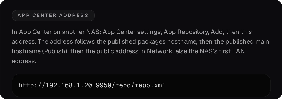 App Center address: http://192.168.1.20:9950/repo/repo.xml