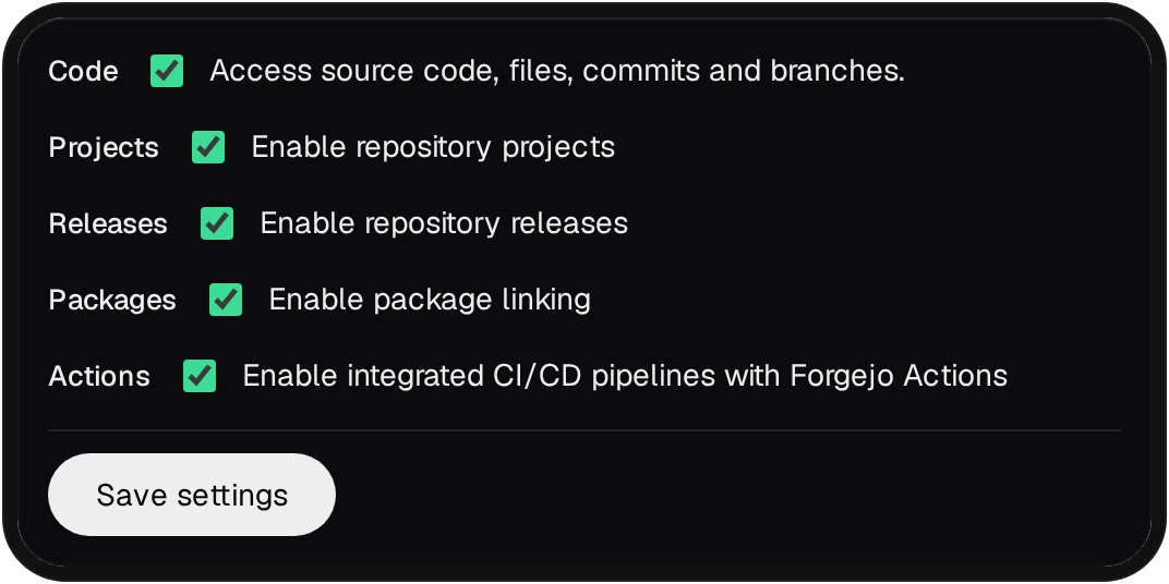 The repository's Units: Code, Projects, Releases, Packages and Actions ticked, and the Save settings button