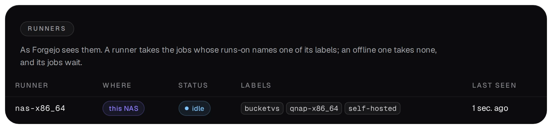 The CI page's Runners card: nas-x86_64 on this NAS, idle, with the labels bucketvs, qnap-x86_64 and self-hosted