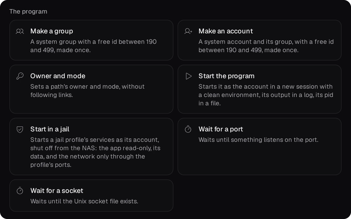 Add a block, the group The program: Create a group, Create an account, Owner and mode, Start the program, Start in a jail, Wait for a port, Wait for a socket