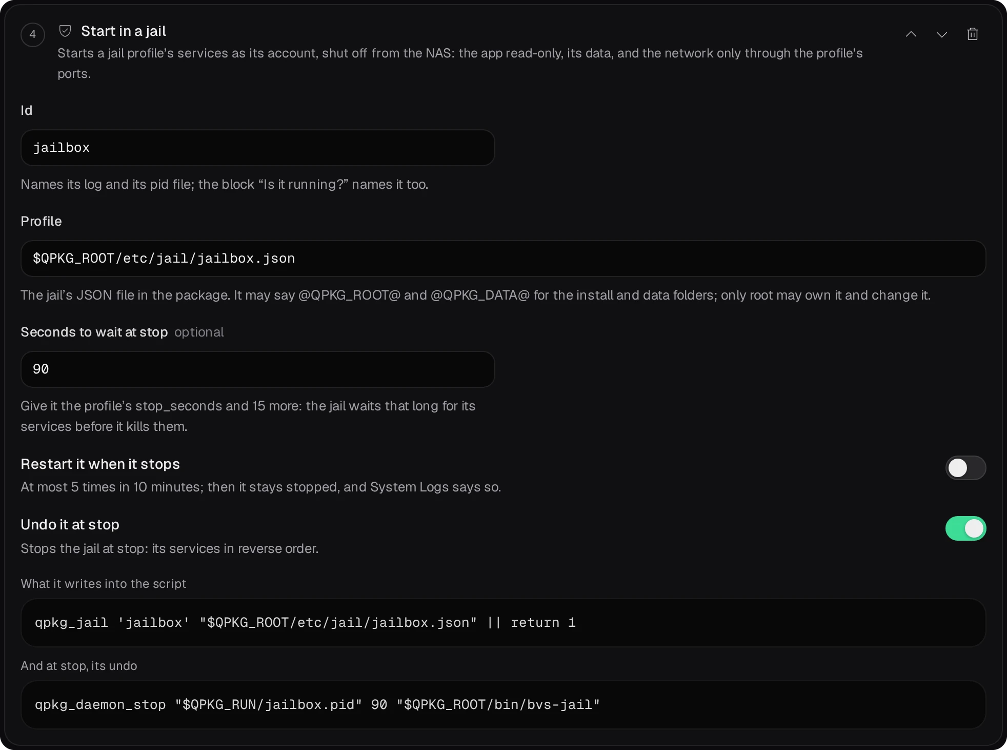 The Start in a jail block: ID jailbox, Profile $QPKG_ROOT/etc/jail/jailbox.json, Seconds to wait at stop 90, Restart it when it stops off, Undo it at stop on, and the lines it writes: qpkg_jail and, at stop, qpkg_daemon_stop with bin/bvs-jail