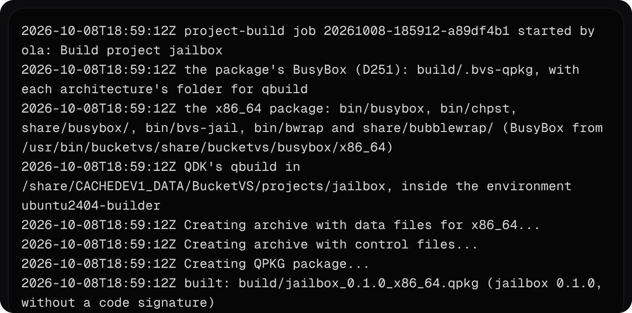 The build log: the x86_64 package: bin/busybox, bin/chpst, share/busybox/, bin/bvs-jail, bin/bwrap and share/bubblewrap/; built: build/jailbox_0.1.0_x86_64.qpkg, without a code signature
