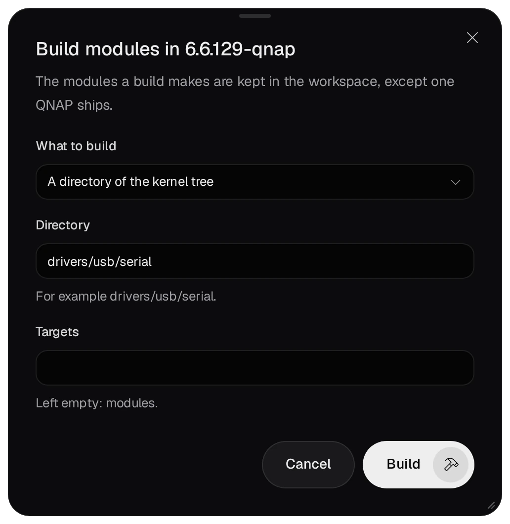 Build modules in 6.6.129-qnap: What to build, A directory of the kernel tree; Directory drivers/usb/serial; Targets left empty; and the Build button
