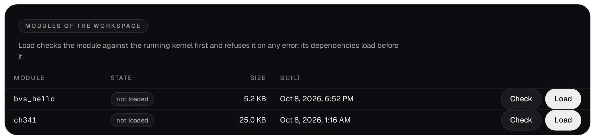 Modules of the workspace: bvs_hello and ch341, both not loaded, with their size, the date they were built, and the Check and Load buttons