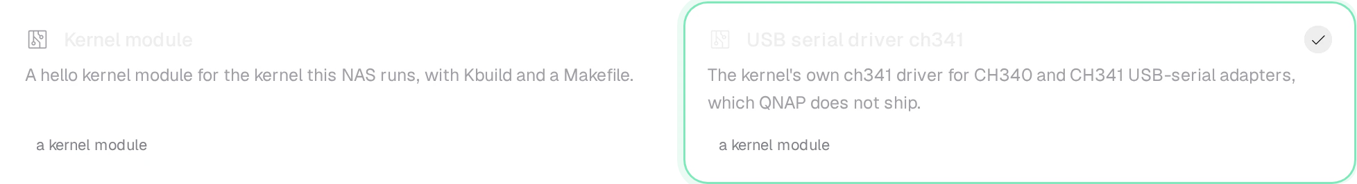 New project's Kernel templates: Kernel module, a hello kernel module with Kbuild and a Makefile; USB serial driver ch341, the kernel's own ch341 driver for CH340 and CH341 USB-serial adapters, chosen