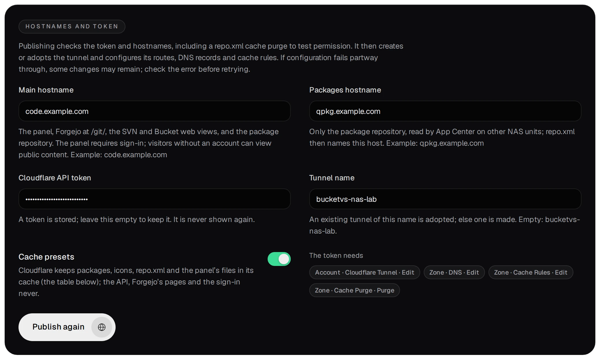 Hostnames and token: Main hostname code.example.com, Packages hostname qpkg.example.com, the token as dots, Tunnel name empty, Cache presets on, the four permissions the token needs, and the Publish button