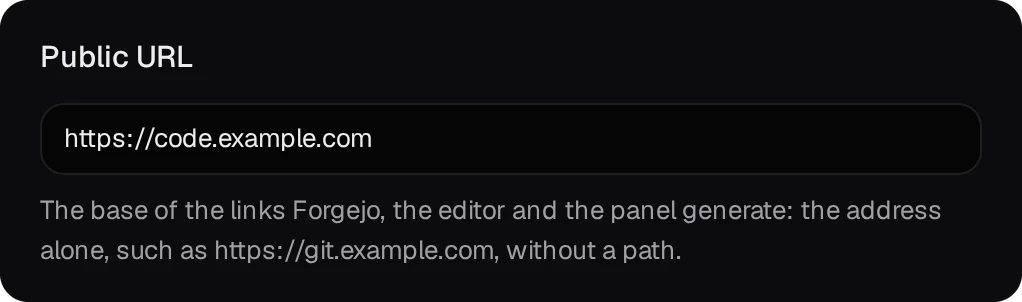 Public URL set to https://code.example.com on the Network page